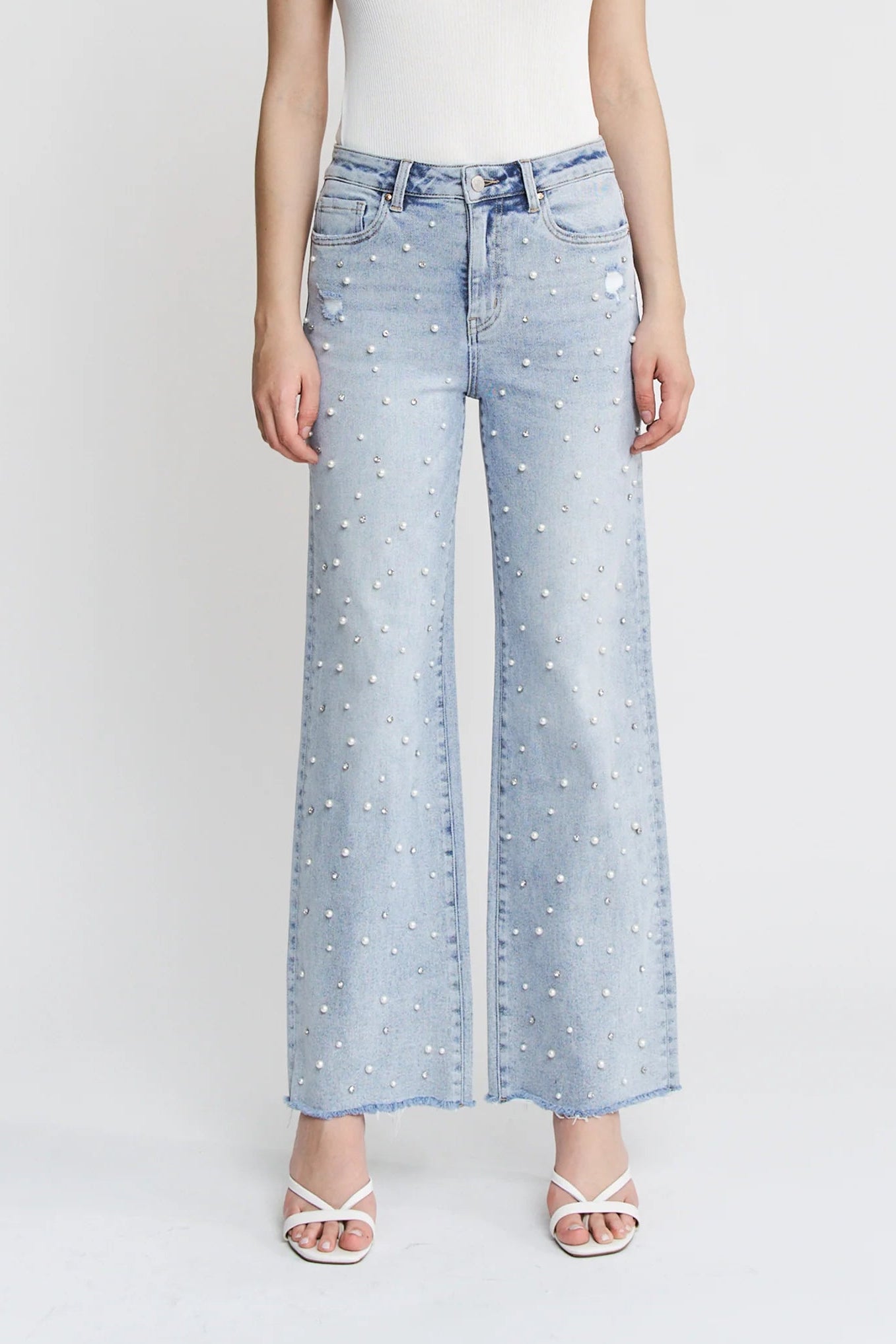 High Rise Wide Leg Pearl & Rhinestone Denim