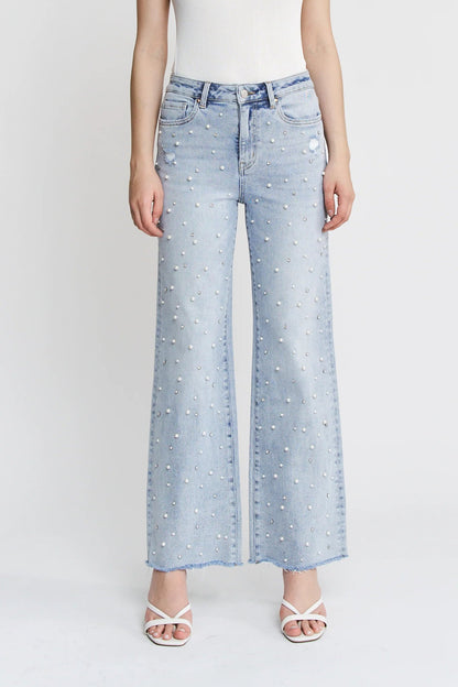 High Rise Wide Leg Pearl & Rhinestone Denim