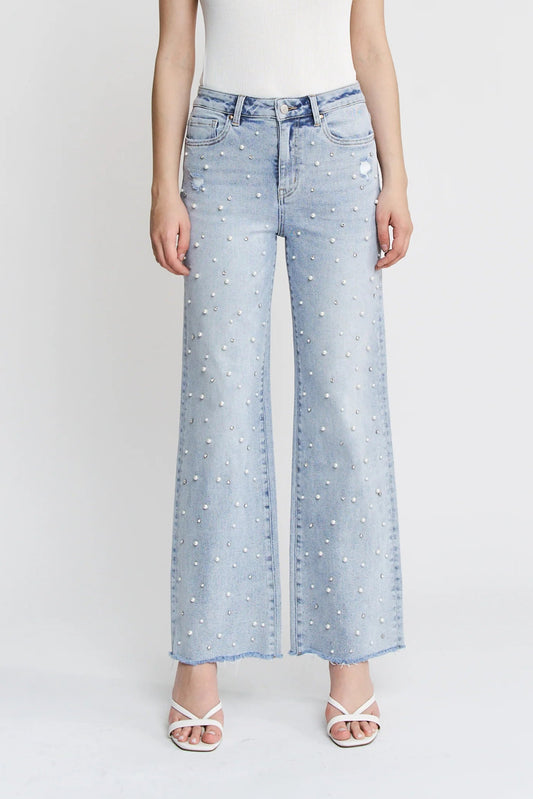 High Rise Wide Leg Pearl & Rhinestone Denim