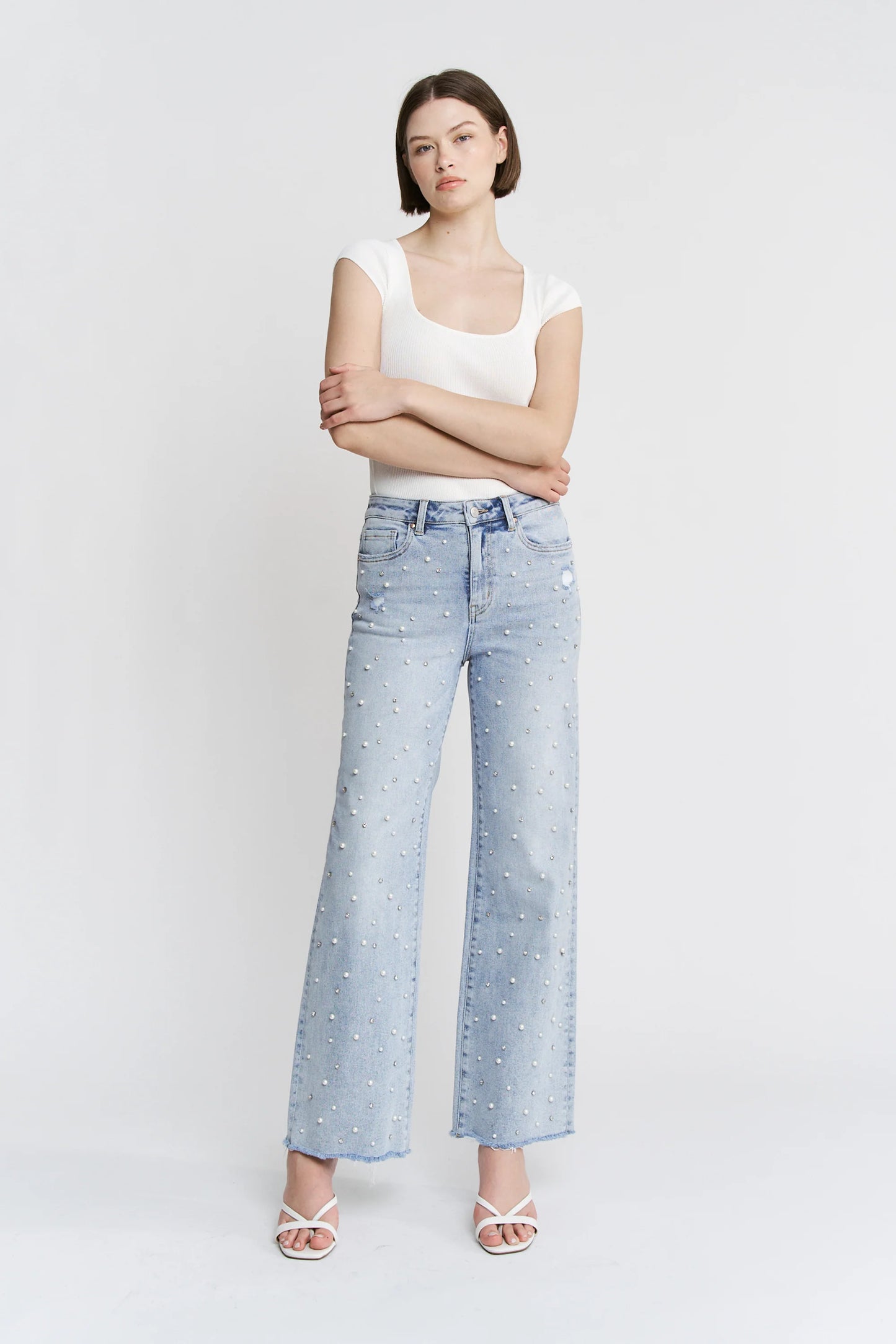 High Rise Wide Leg Pearl & Rhinestone Denim