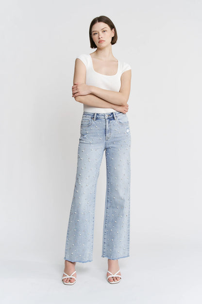 High Rise Wide Leg Pearl & Rhinestone Denim