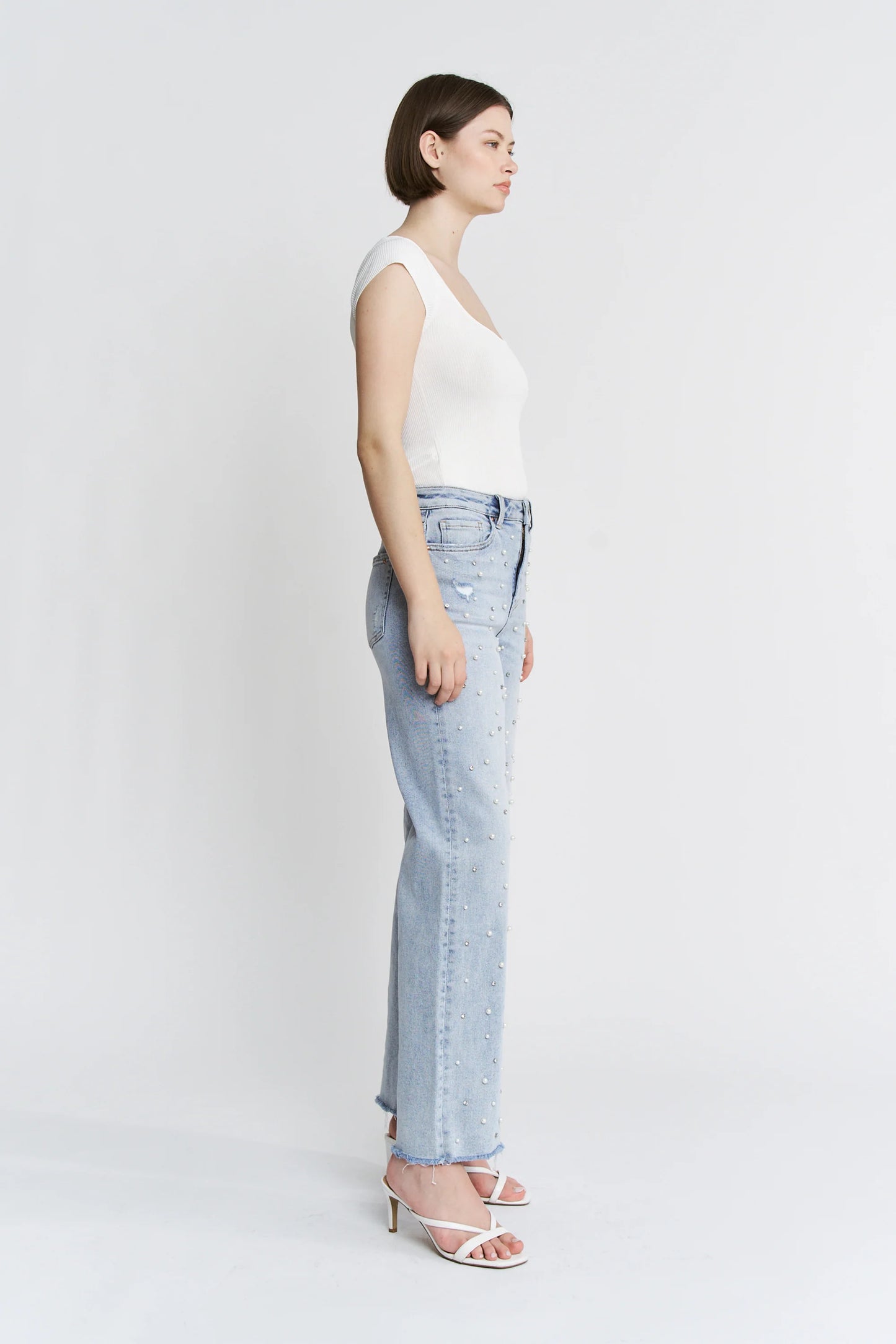 High Rise Wide Leg Pearl & Rhinestone Denim