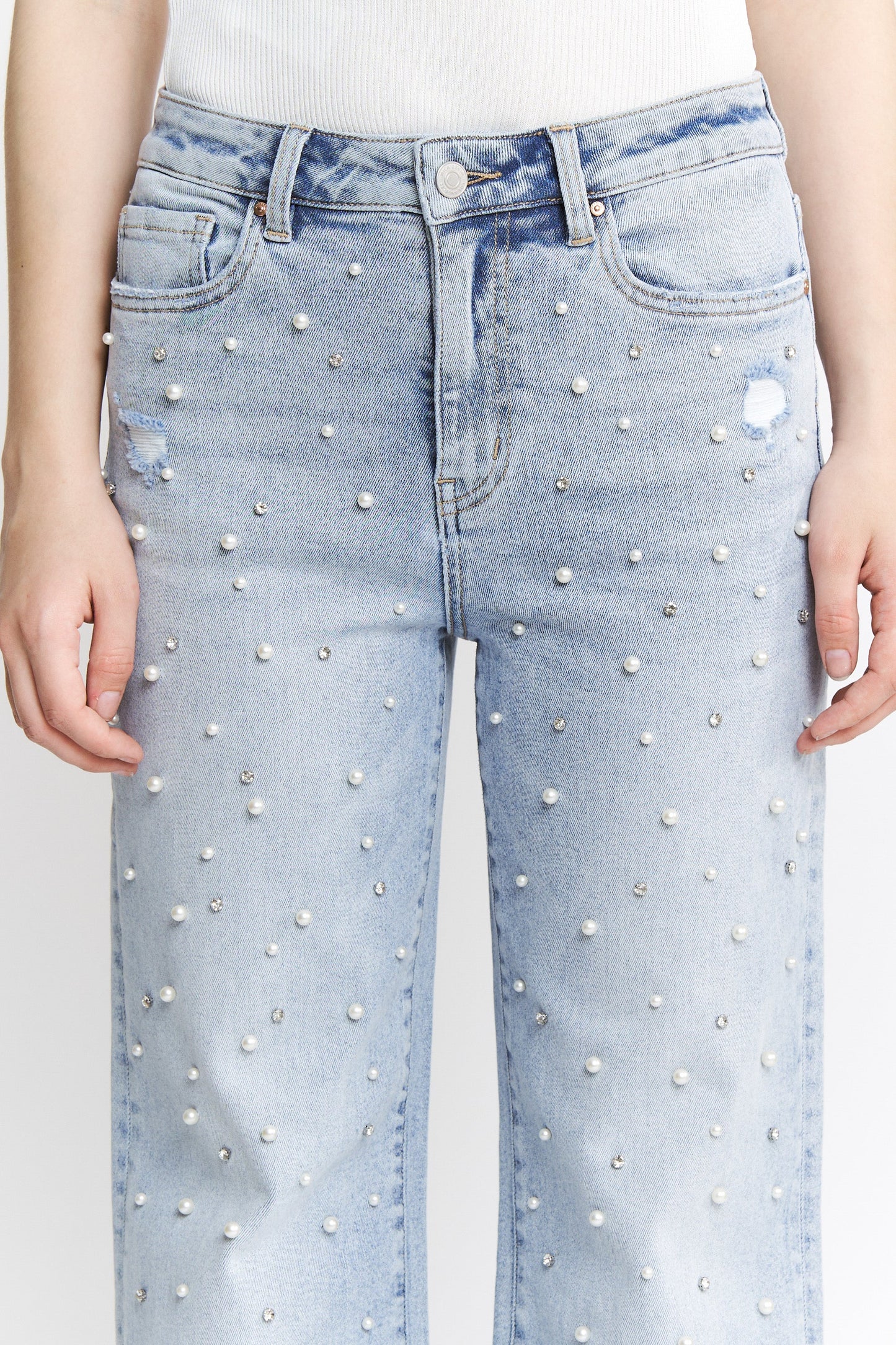 High Rise Wide Leg Pearl & Rhinestone Denim