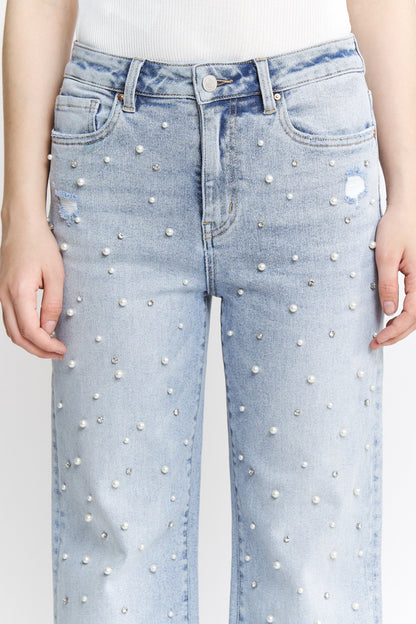 High Rise Wide Leg Pearl & Rhinestone Denim