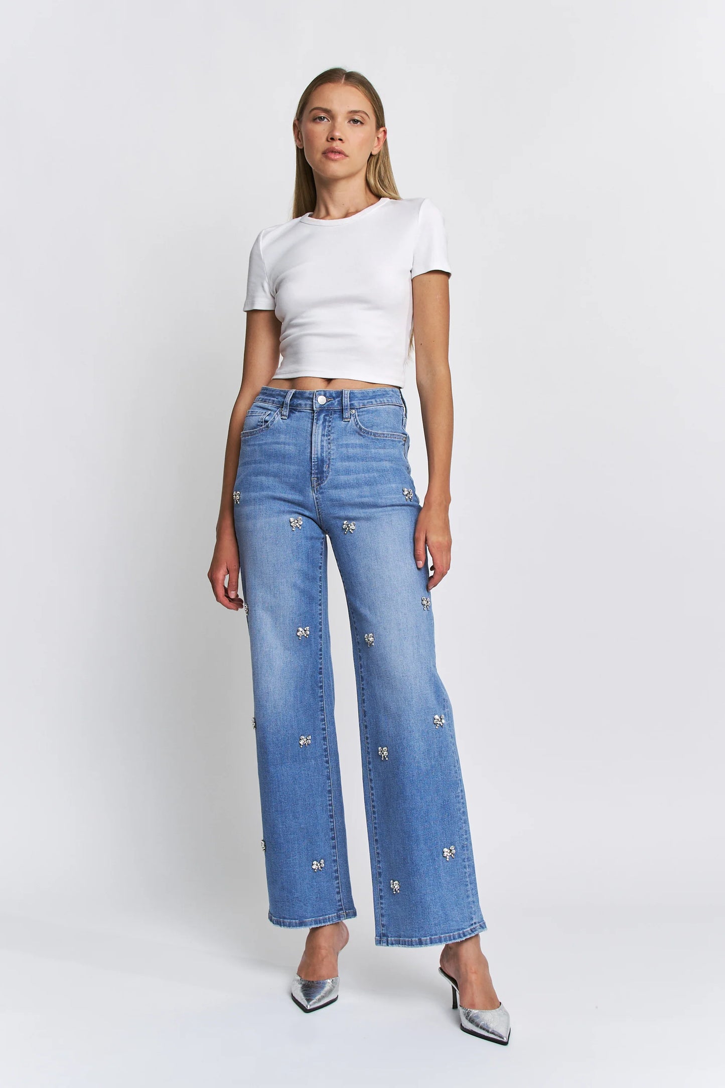 High Rise Bow Embellishment Denim