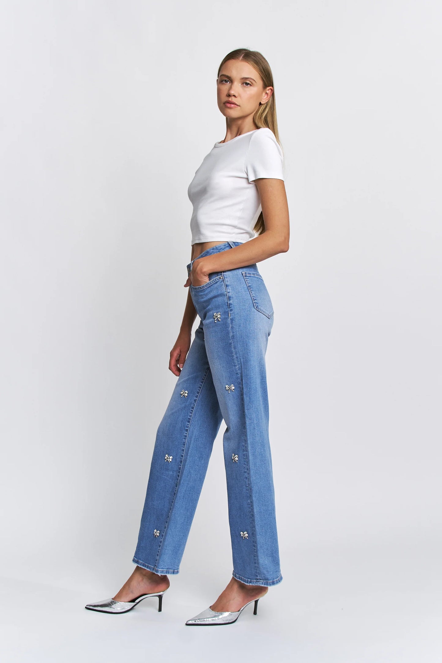 High Rise Bow Embellishment Denim