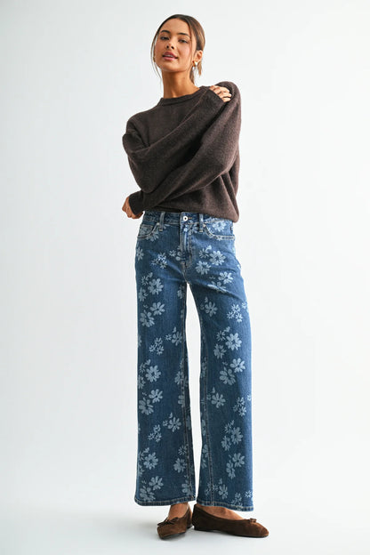 High Rise Wide Leg Floral Denim