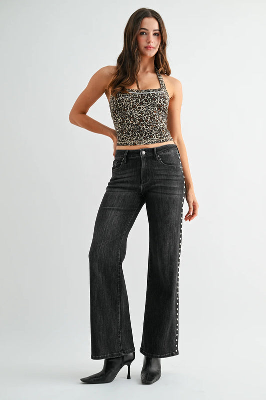 Mid Rise Pearl Embellished Wide Leg Denim
