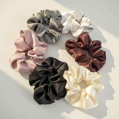 Set of six colorful scrunchies on a white surface