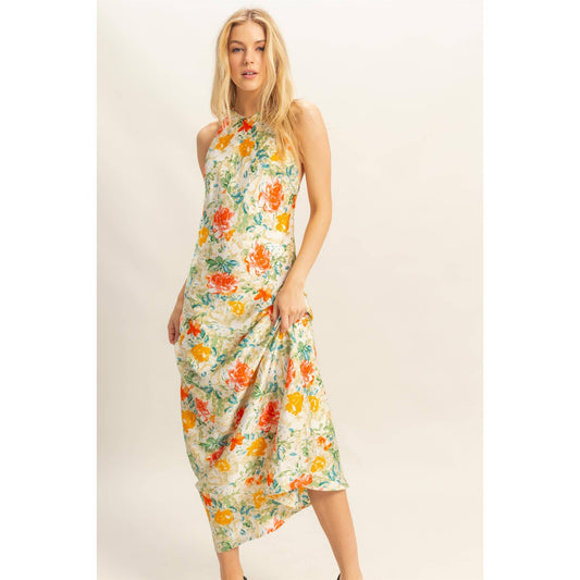 Floral Print Halter Neck Satin Maxi Dress