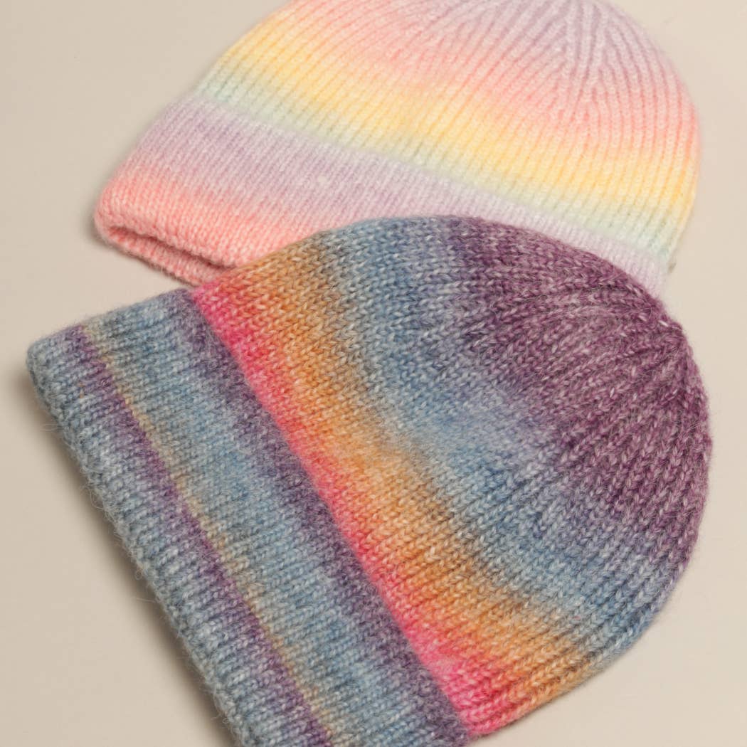 Gradient Ribbed Cuff Knit Beanie Hat