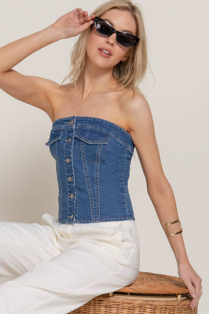 Button Denim Tube Top