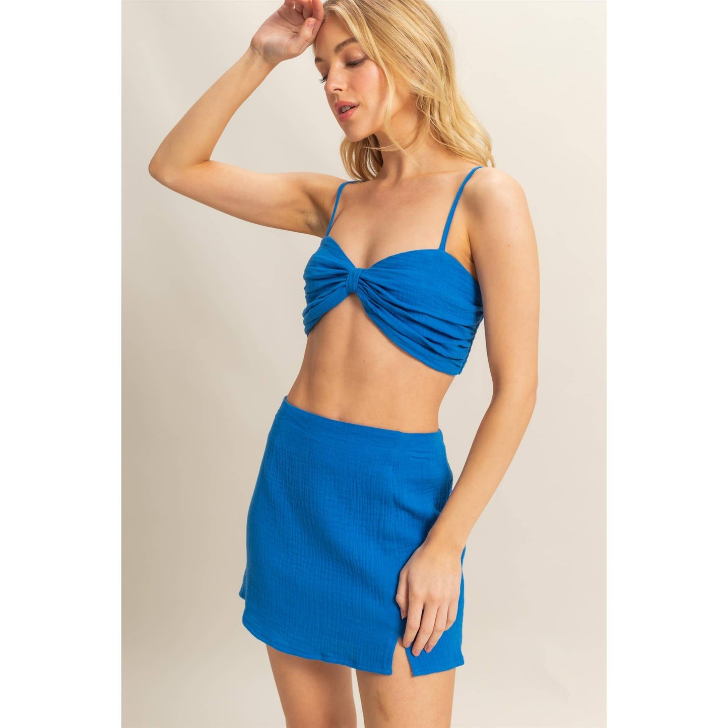 Ruched Bra Top And Mini Skirt Set