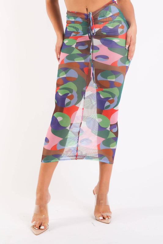 Printed Mesh Maxi Skirt
