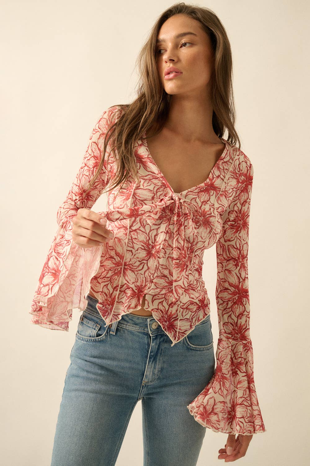 Floral Mesh Bell-Sleeve Top