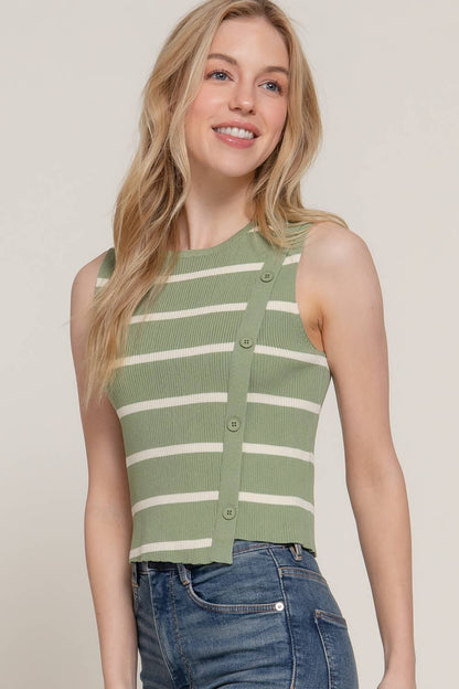 Diagonal Button Stripe Sleeveless Sweater