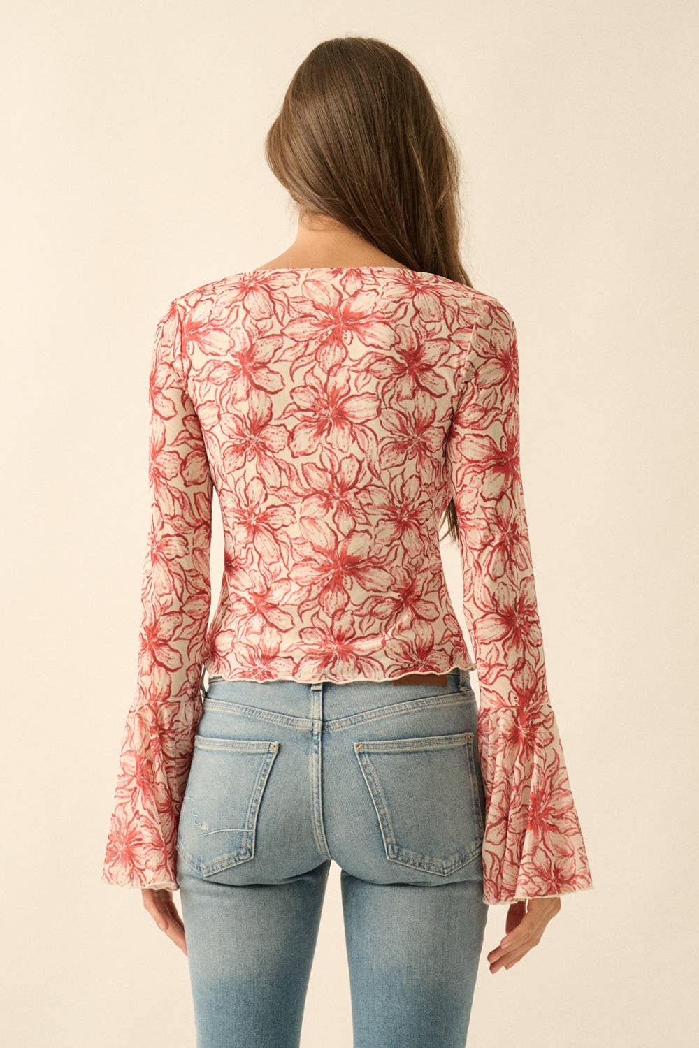 Floral Mesh Bell-Sleeve Top