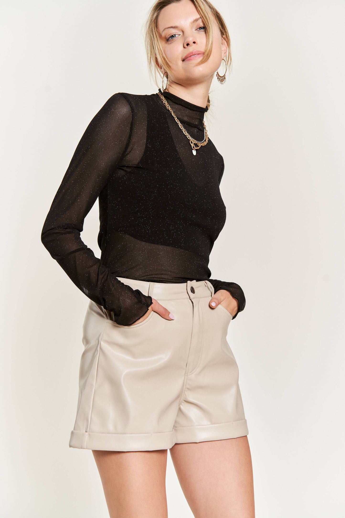Glitter Mesh Mock Neck Top