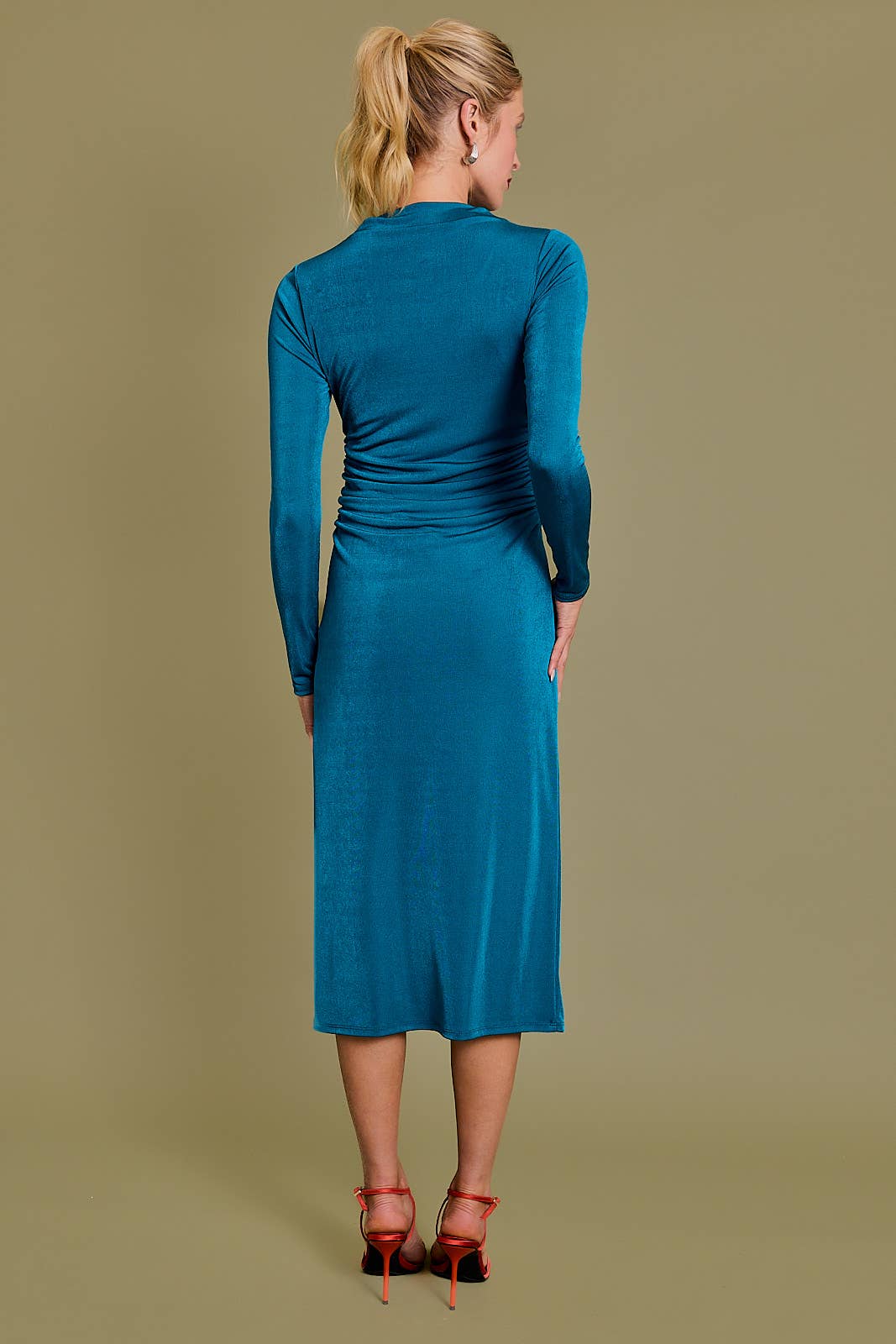 Shimmer Long Sleeve Side Shirring Midi Dress