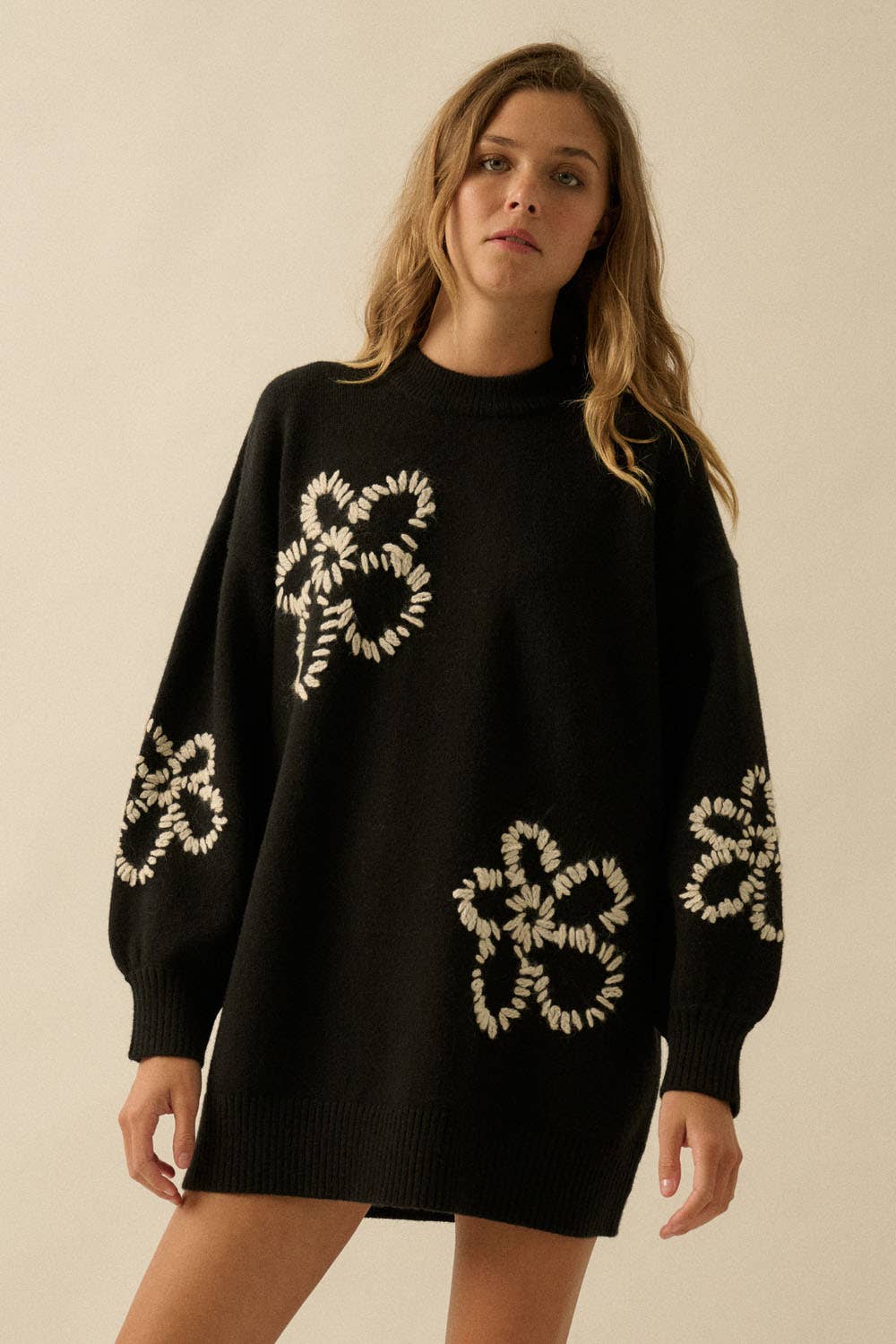 Floral Embroidered Mock-Neck Mini Sweater Dress