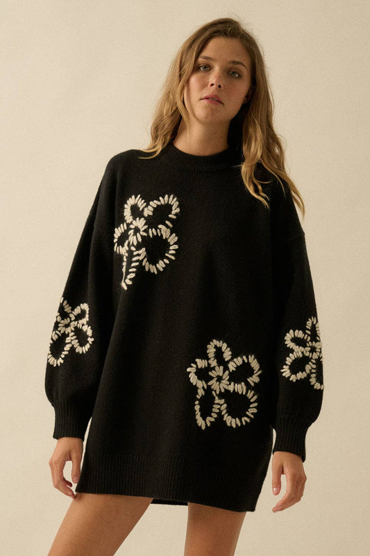 Floral Embroidered Mock-Neck Mini Sweater Dress