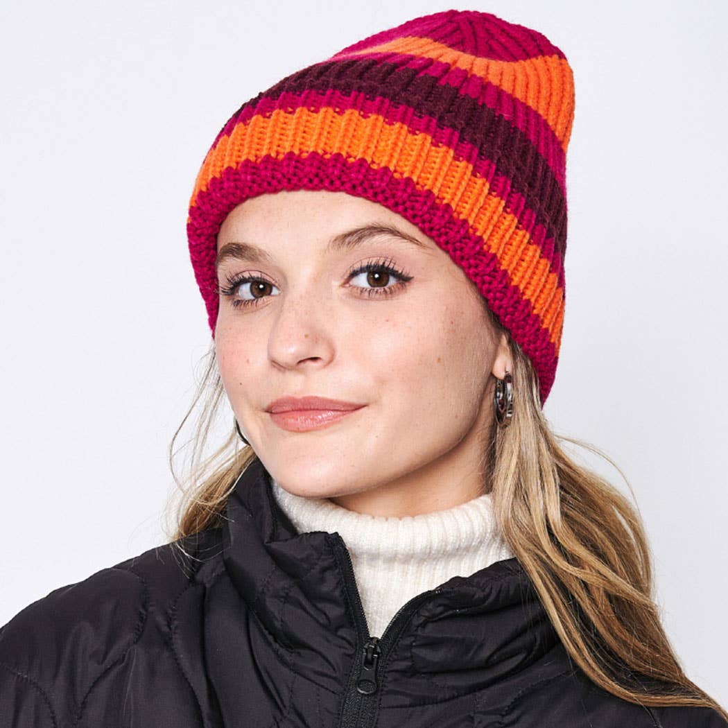 Multi-Colored Stripe Cuff Beanie Hat