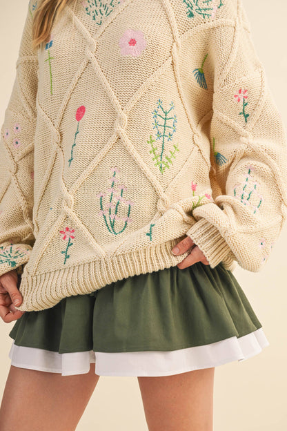FLORAL EMBROIDERED LATTICE CABLE SWEATER