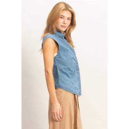 Sleeveless Denim Button-Up Top