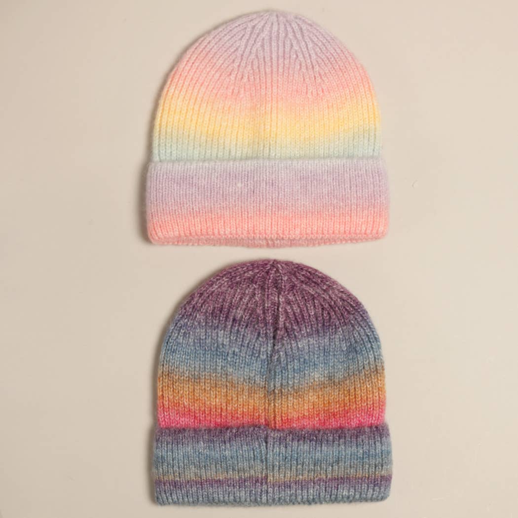 Gradient Ribbed Cuff Knit Beanie Hat