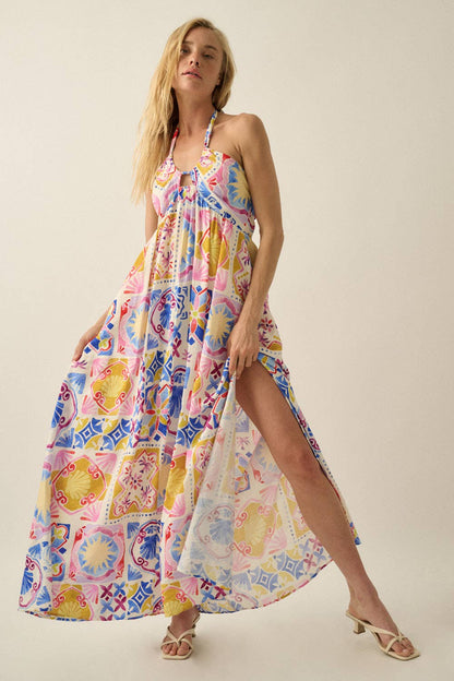 Summer Sun Open-Back Halter Maxi Dress