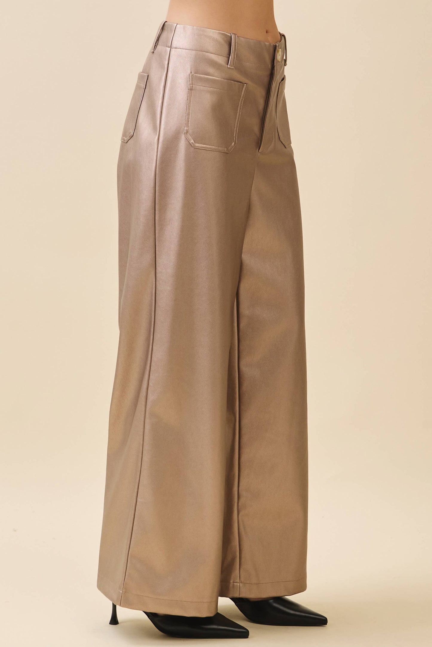 Metallic Wide-Leg Faux Leather Pants
