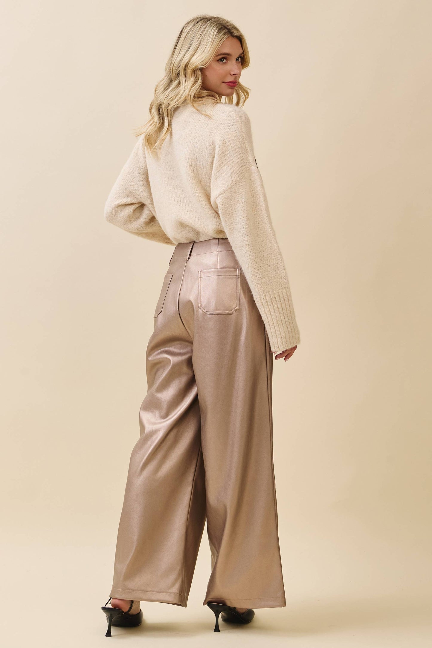 Metallic Wide-Leg Faux Leather Pants