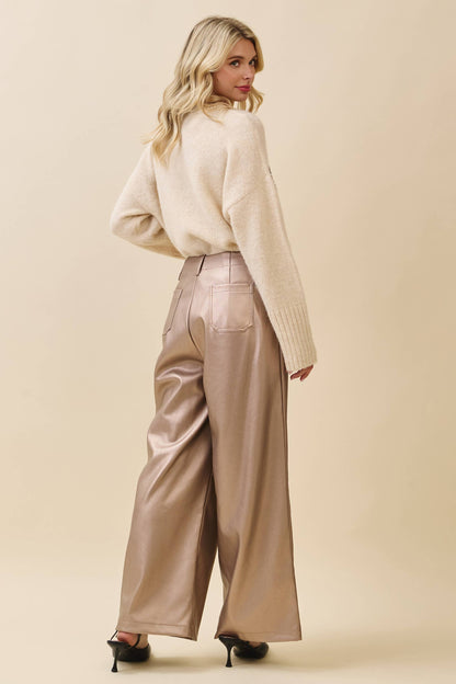 Metallic Wide-Leg Faux Leather Pants