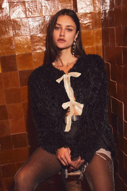 Shaggy Bow Tie Cardigan (S-3X)