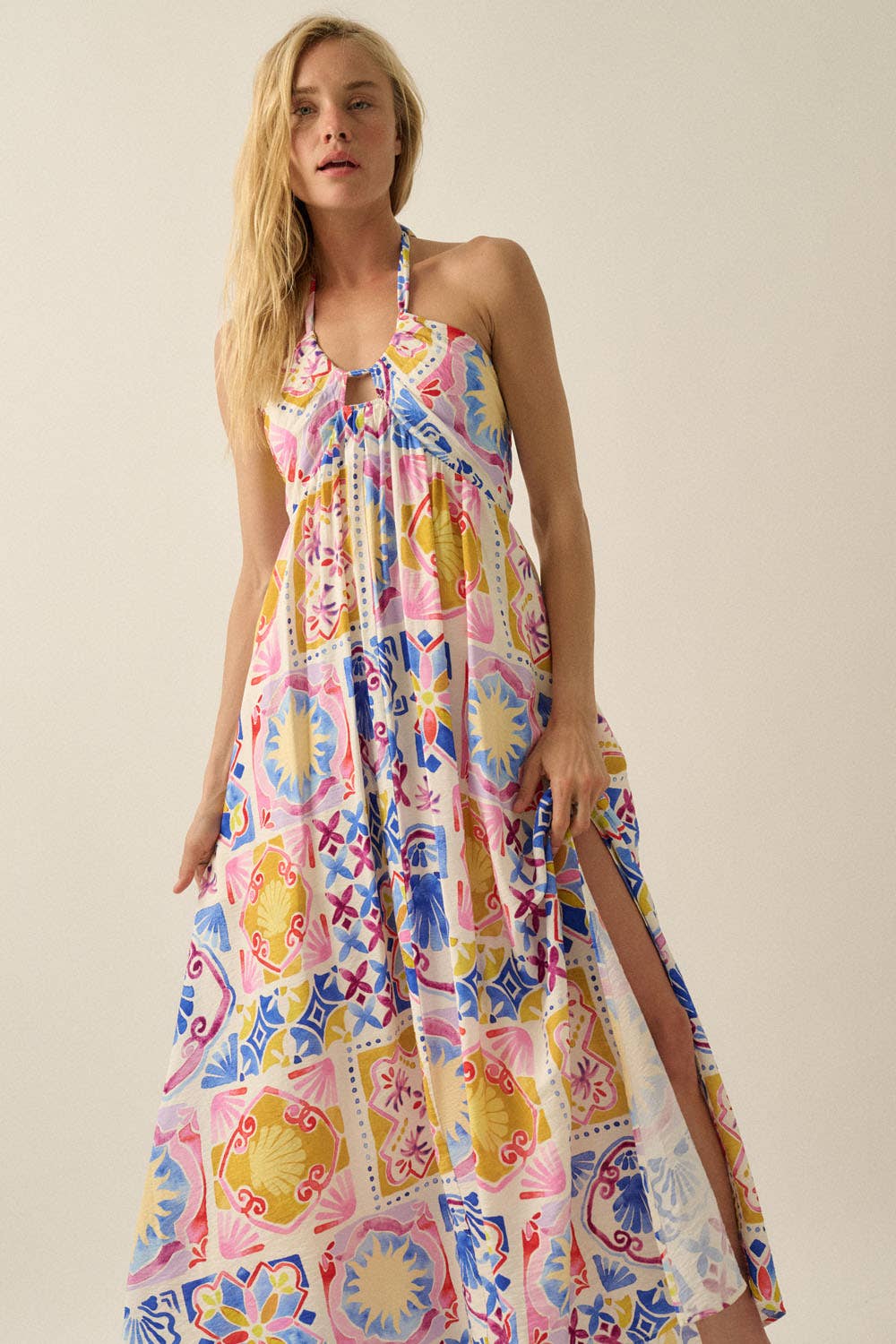 Summer Sun Open-Back Halter Maxi Dress