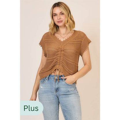 PLUS Ruched V Neck Short Sleeve Top