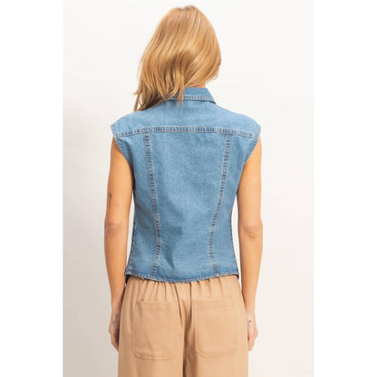 Sleeveless Denim Button-Up Top