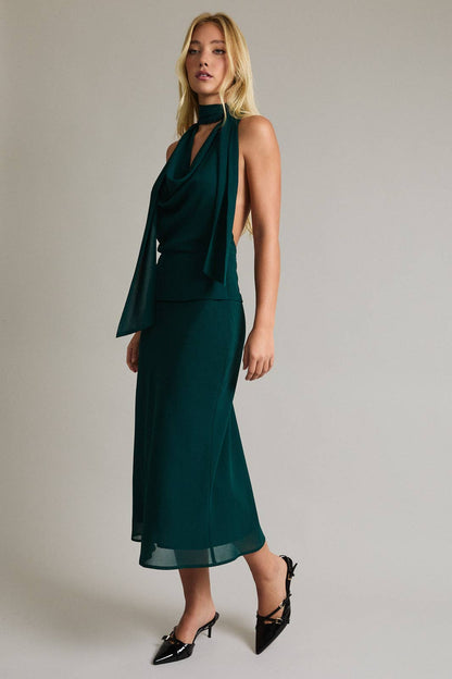 Halter Cowl Neck Midi Dress