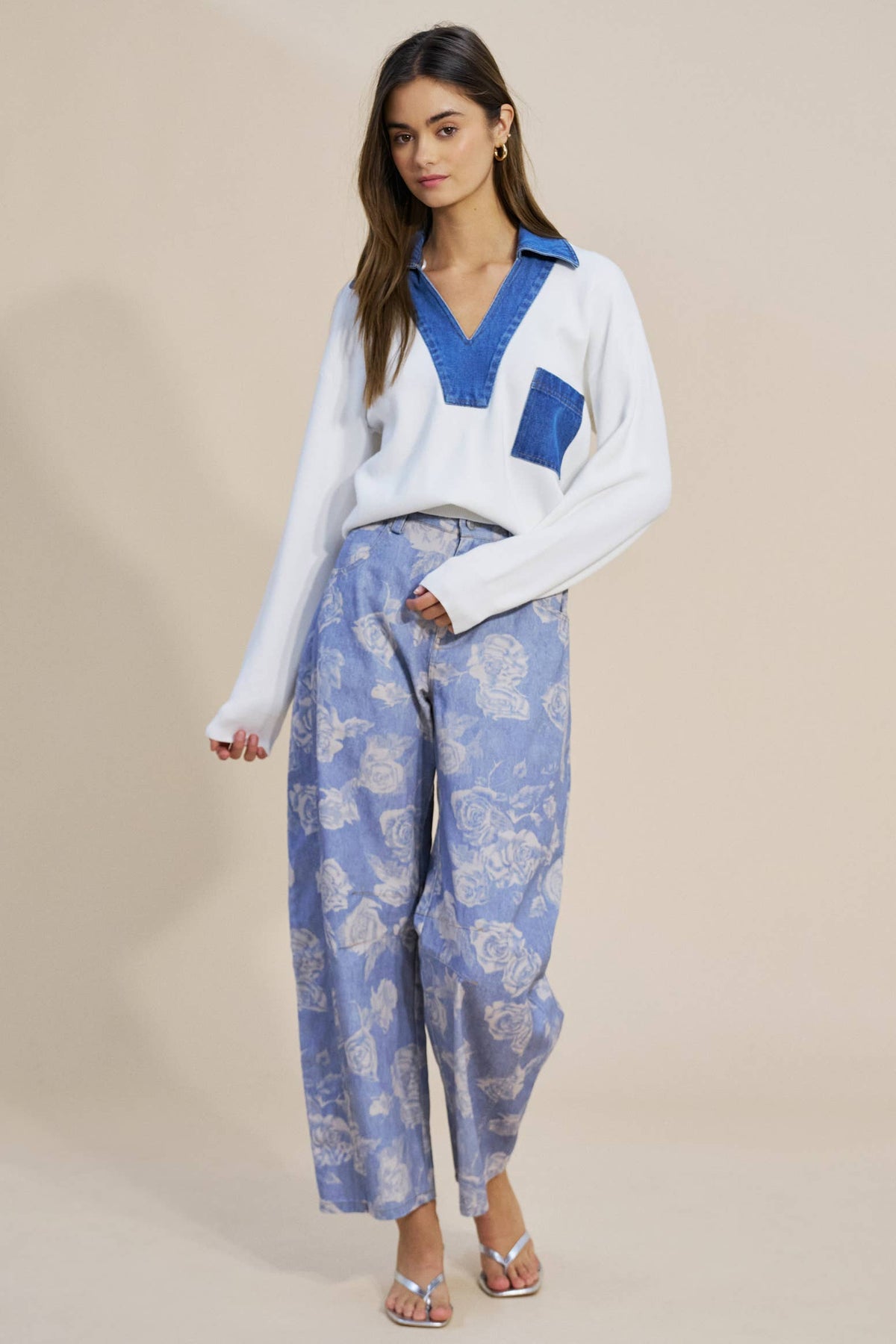 Denim Collar Long Sleeve Top