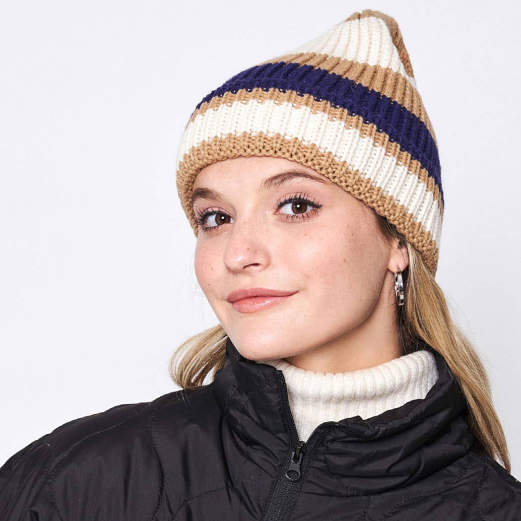 Multi-Colored Stripe Cuff Beanie Hat