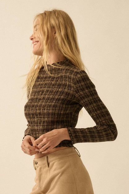Plaid Smocked Long-Sleeve Cropped Top