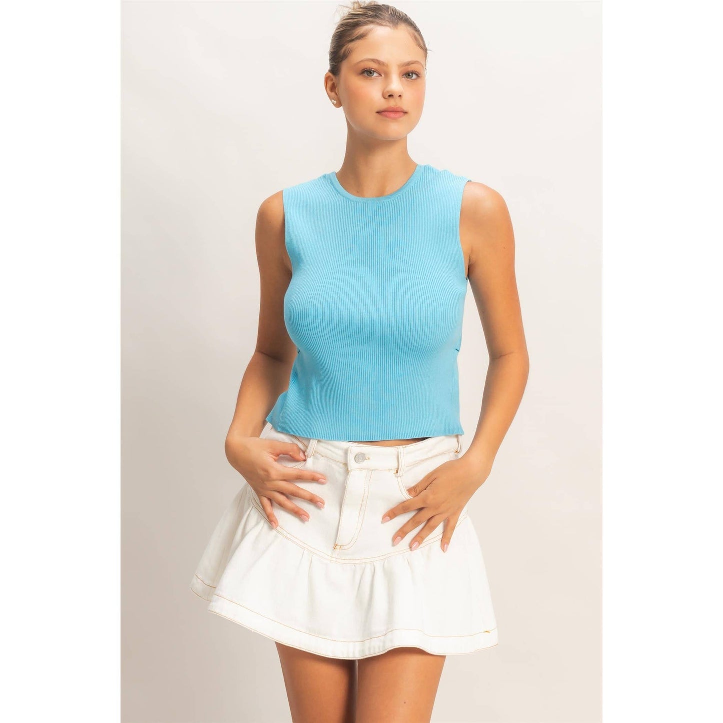 Ribbed Crew Neck Open Back Top