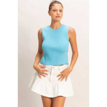 Ribbed Crew Neck Open Back Top
