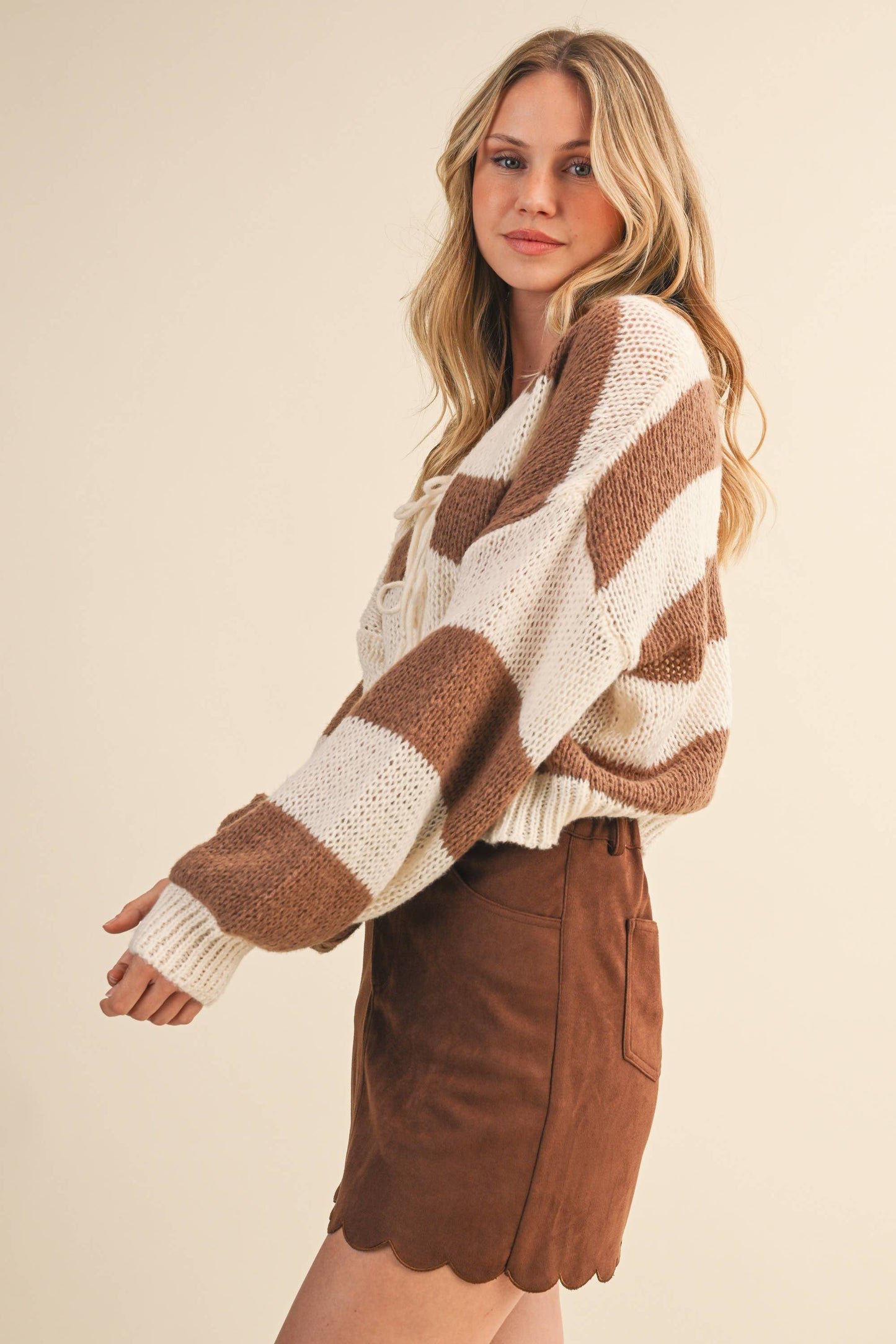 STRIPED FRONT TIE CARDIGAN SWEATER