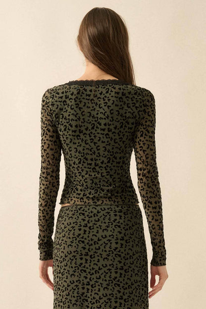 Leopard Mesh Lace-Trim Button-Front Top