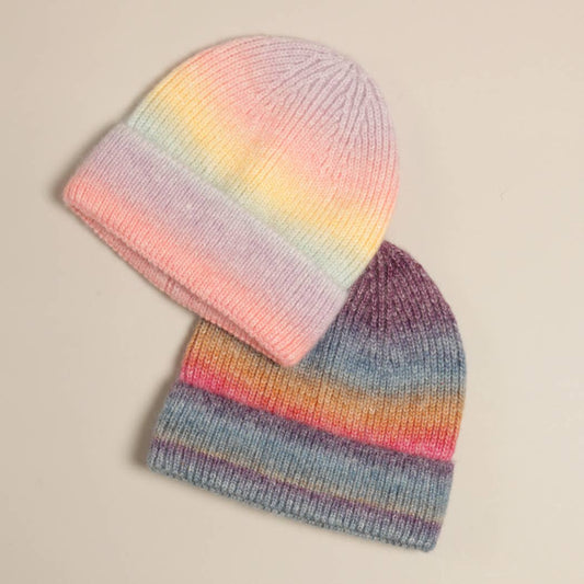 Gradient Ribbed Cuff Knit Beanie Hat