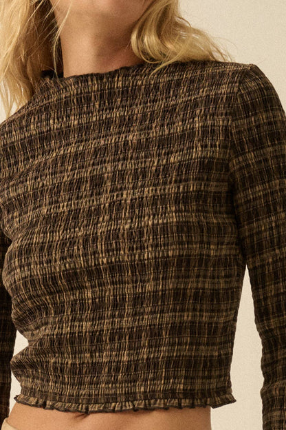 Plaid Smocked Long-Sleeve Cropped Top