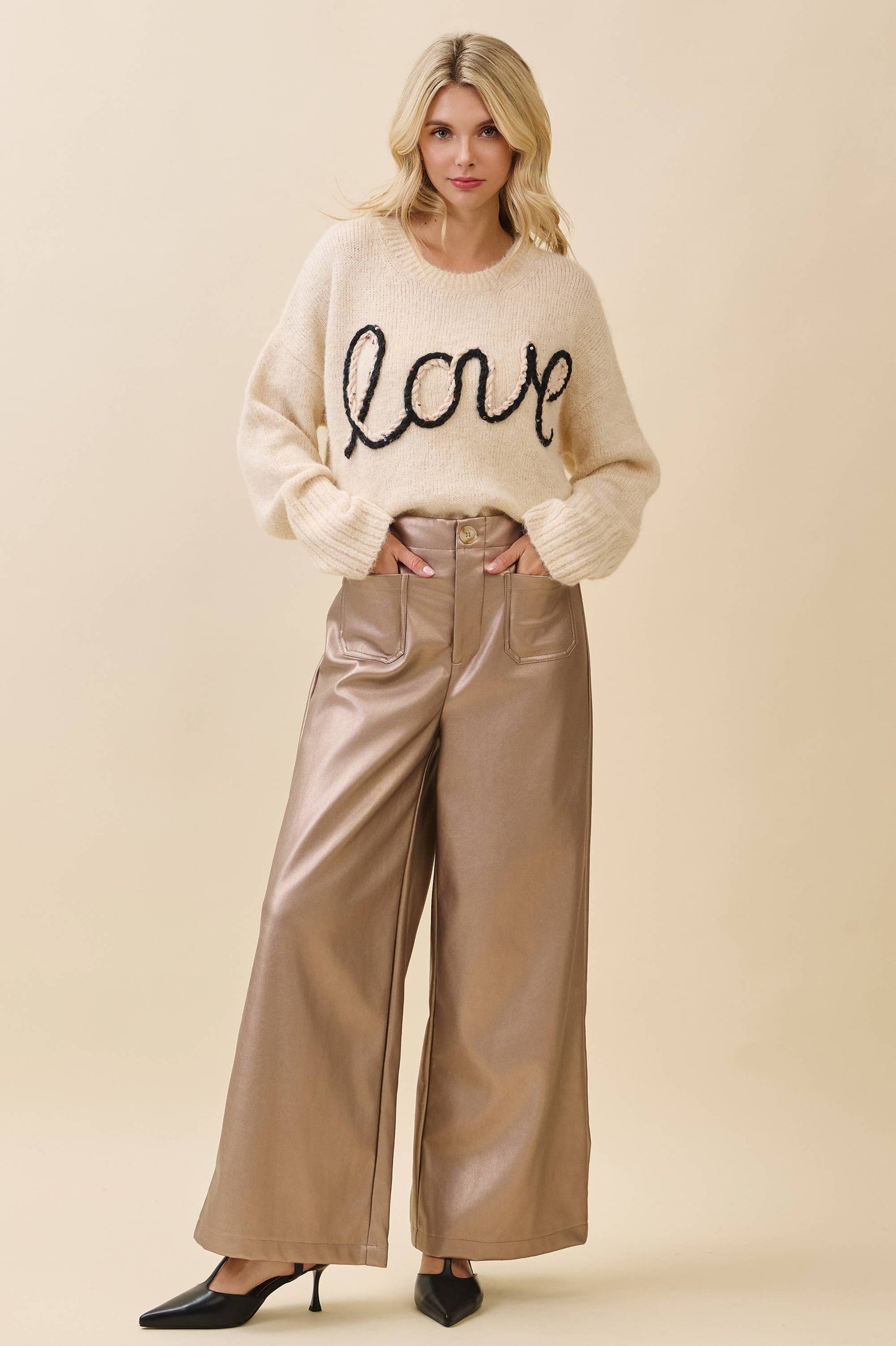 Metallic Wide-Leg Faux Leather Pants