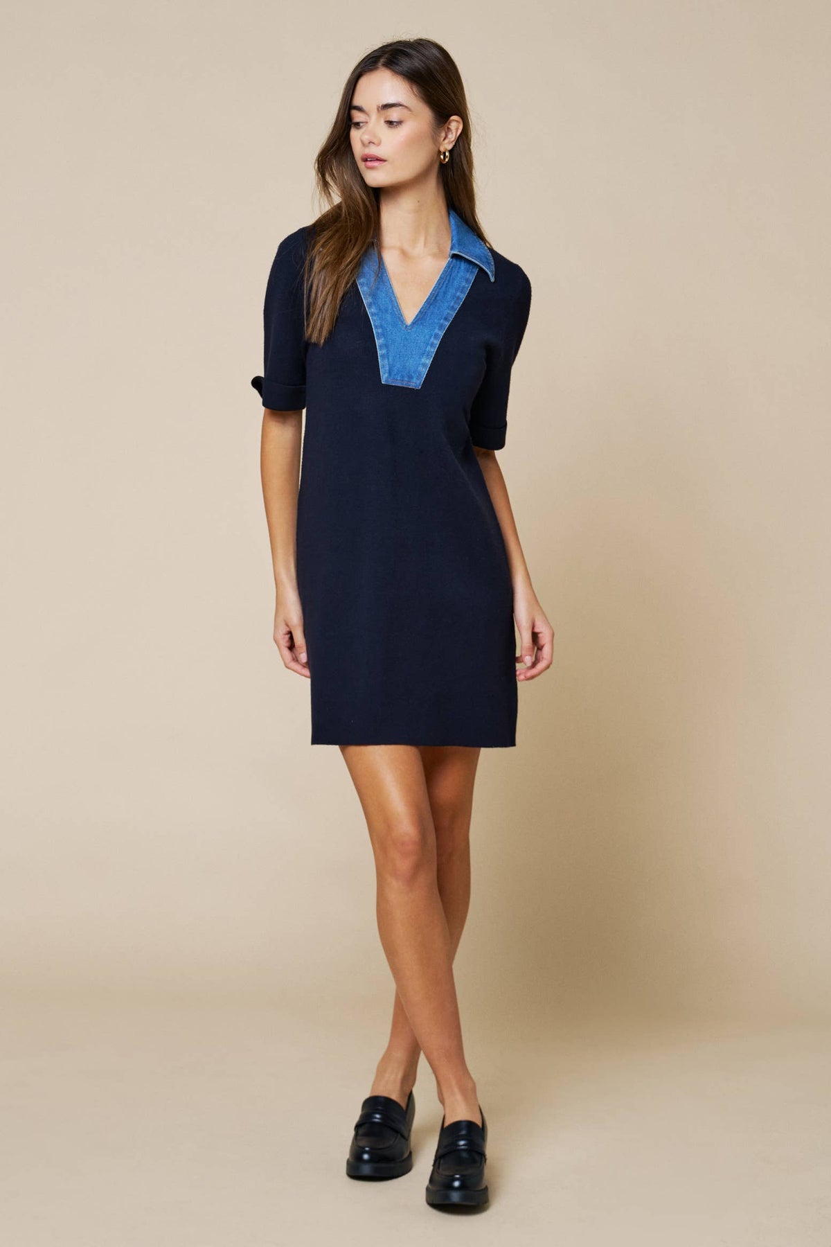Denim Trim V-Neck A-Line Dress