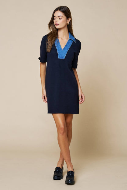 Denim Trim V-Neck A-Line Dress